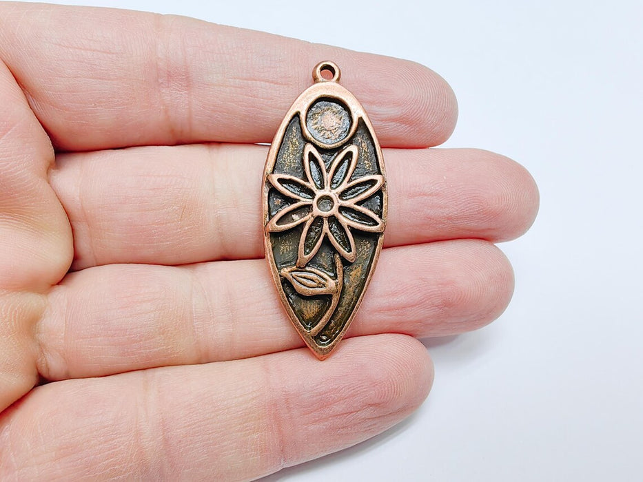 Copper Flower Charms, Boho Charms, Earring Charms, Copper Dangle Pendant, Necklace Parts, Antique Copper Plated 46x19mm G36674