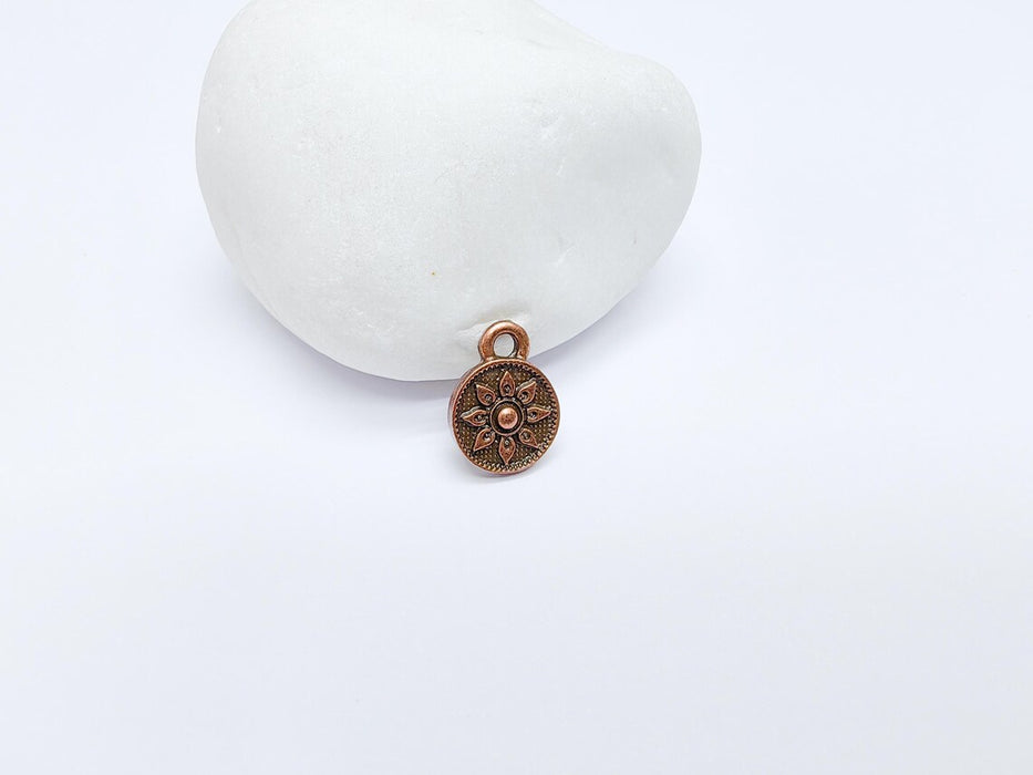 4 Copper Round Flower Charm, Earring Charms, Dangle Bracelet Charms, Necklace Parts, Antique Copper Plated 13x10mm G36675