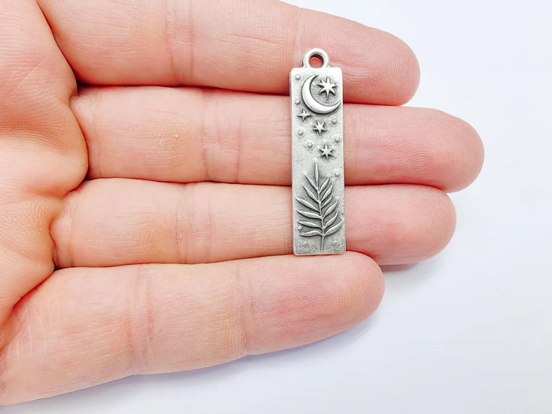 Moon and Stars Plant Charms, Crescent Earring Charms, Celestial and Nature Inspired Charm, Antique Silver Plated 39x10mm G36726