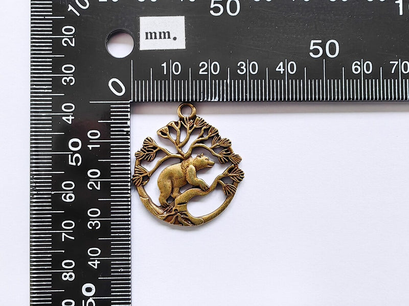 Bear and Tree of Life Charm Pendant, Rustic Wildlife Jewelry Charm, Boho Charms, Earring Charms, Antique Bronze Plated 33x29mm G36874