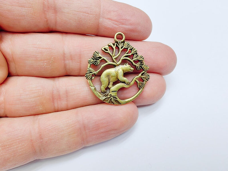Bear and Tree of Life Charm Pendant, Rustic Wildlife Jewelry Charm, Boho Charms, Earring Charms, Antique Bronze Plated 33x29mm G36874