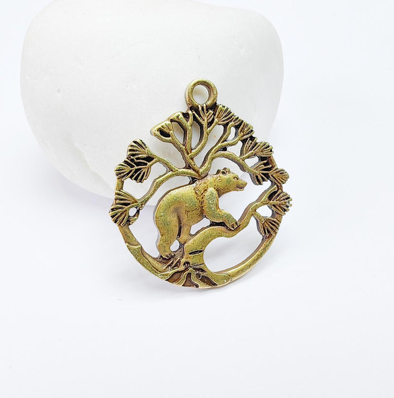 Bear and Tree of Life Charm Pendant, Rustic Wildlife Jewelry Charm, Boho Charms, Earring Charms, Antique Bronze Plated 33x29mm G36874