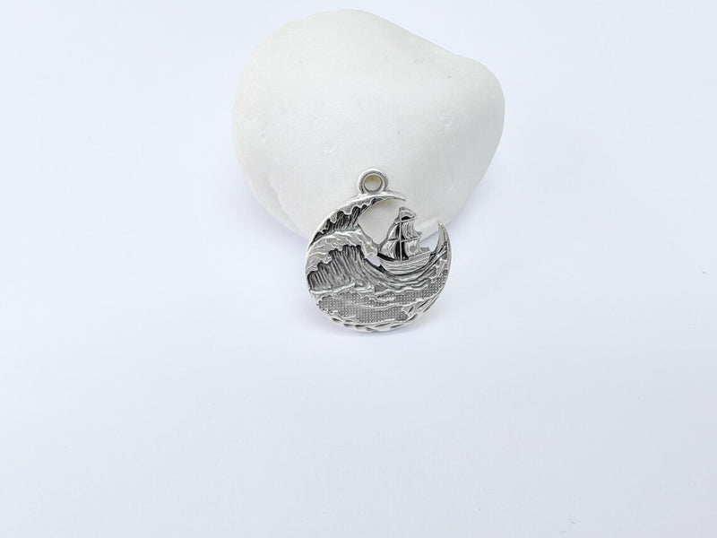 Sailing Ship Charm, Ocean Wave Pendant, Nautical Jewelry, Sea Maritime Rustic Adventure Necklace, Antique Silver Plated 29x25mm G36903