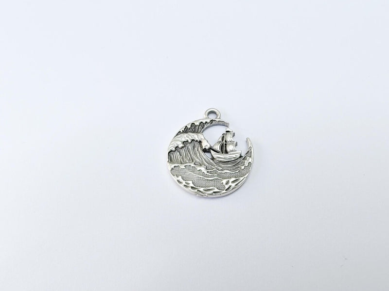 Sailing Ship Charm, Ocean Wave Pendant, Nautical Jewelry, Sea Maritime Rustic Adventure Necklace, Antique Silver Plated 29x25mm G36903