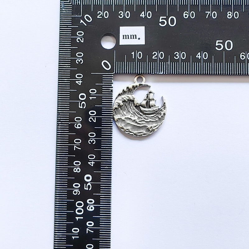 Sailing Ship Charm, Ocean Wave Pendant, Nautical Jewelry, Sea Maritime Rustic Adventure Necklace, Antique Silver Plated 29x25mm G36903