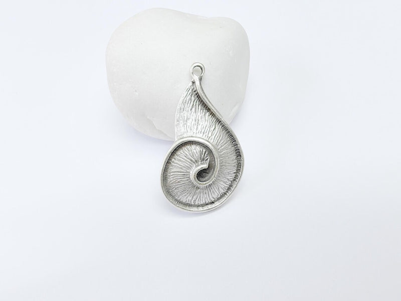 Boho Dangle Charms, Spiral Shell Pendant, Nautical Sea Charm, Beach Earring, DIY Rustic Nature Craft, Antique Silver Plated 43x24mm G36904