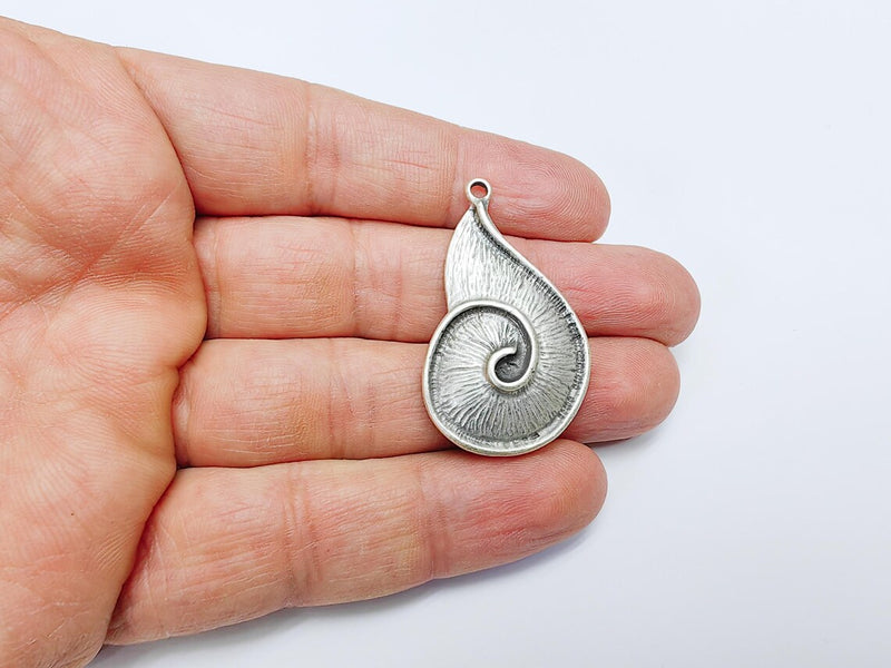 Boho Dangle Charms, Spiral Shell Pendant, Nautical Sea Charm, Beach Earring, DIY Rustic Nature Craft, Antique Silver Plated 43x24mm G36904