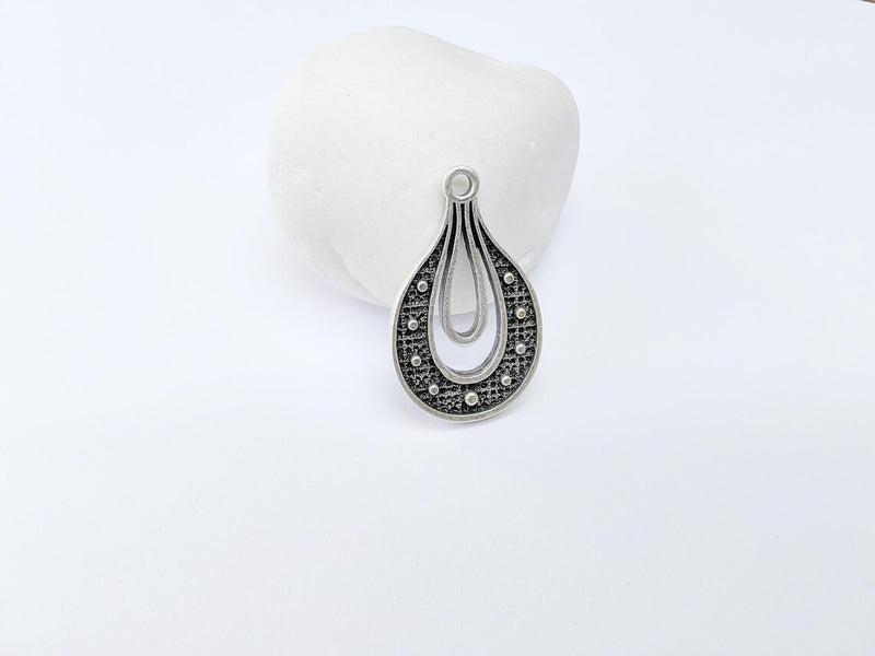 Teardrop Pendant, Filigree Boho Charm, Vintage Drop Jewelry, DIY Craft Rustic Elegant Necklace Supply, Antique Silver Plated 36x22mm G36905