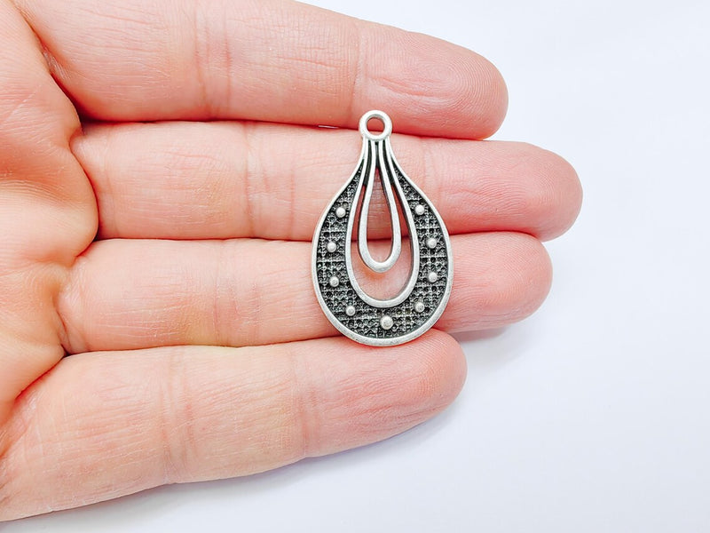 Teardrop Pendant, Filigree Boho Charm, Vintage Drop Jewelry, DIY Craft Rustic Elegant Necklace Supply, Antique Silver Plated 36x22mm G36905