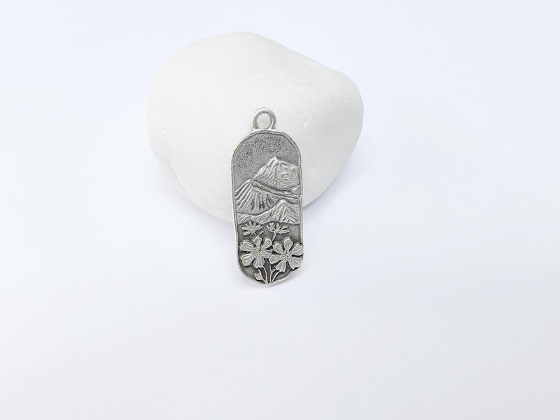 Floral Mountain Charm, Nature Pendant, Hiking Necklace Supply, Outdoor Adventure, Boho Rustic Earring, Antique Silver Plated 39x15mm G36908