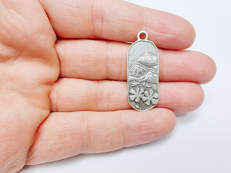 Floral Mountain Charm, Nature Pendant, Hiking Necklace Supply, Outdoor Adventure, Boho Rustic Earring, Antique Silver Plated 39x15mm G36908