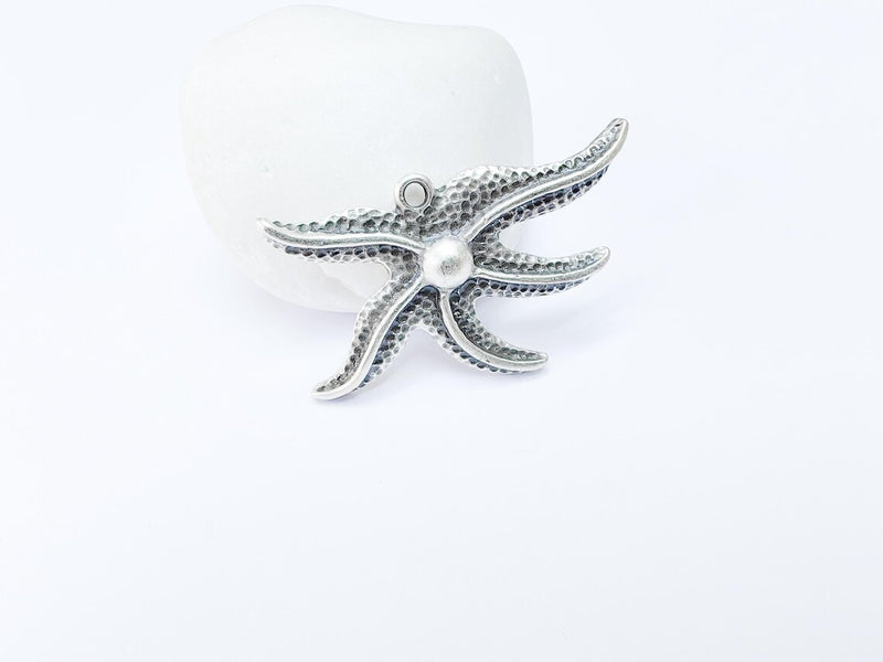 Starfish Pendant, Ocean Beach Charm, Nautical Jewelry Supply, Sea Life Necklace, Coastal Accessory, Antique Silver Plated 43x26mm G36912