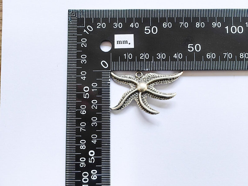 Starfish Pendant, Ocean Beach Charm, Nautical Jewelry Supply, Sea Life Necklace, Coastal Accessory, Antique Silver Plated 43x26mm G36912