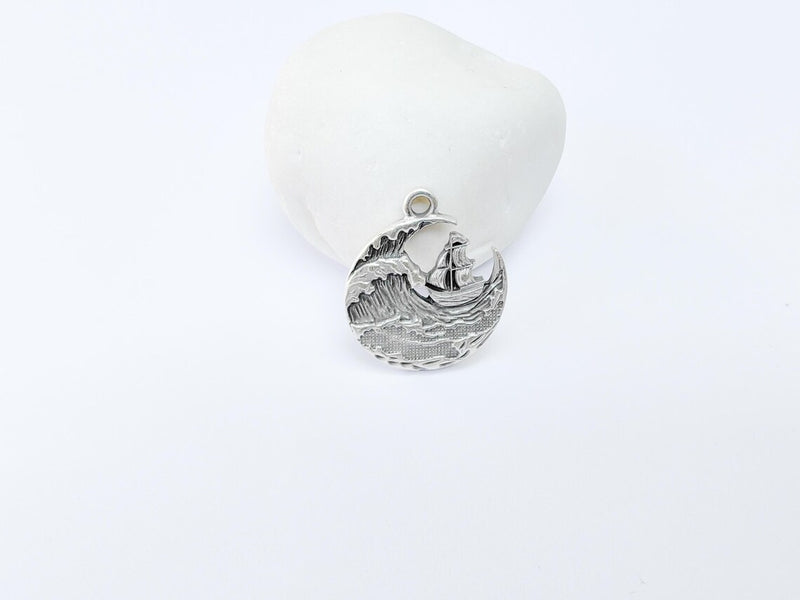 Sailing Ship Charm, Ocean Wave Pendant, Nautical Jewelry, Sea Maritime Rustic Adventure Necklace, Antique Silver Plated 29x25mm G36903