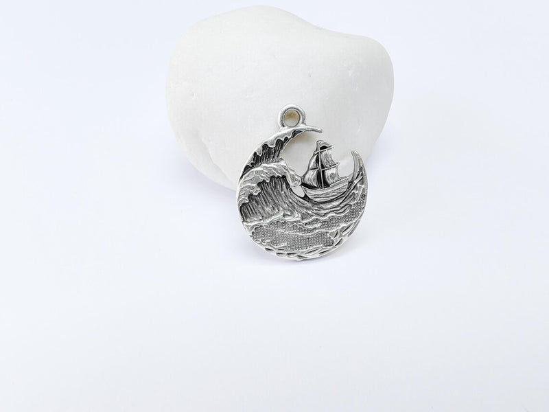 Sailing Ship Charm, Ocean Wave Pendant, Nautical Jewelry, Sea Maritime Rustic Adventure Necklace, Antique Silver Plated 29x25mm G36903