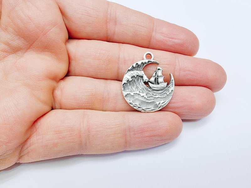 Sailing Ship Charm, Ocean Wave Pendant, Nautical Jewelry, Sea Maritime Rustic Adventure Necklace, Antique Silver Plated 29x25mm G36903