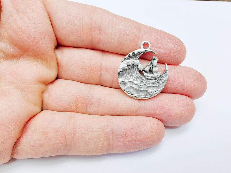 Sailing Ship Charm, Ocean Wave Pendant, Nautical Jewelry, Sea Maritime Rustic Adventure Necklace, Antique Silver Plated 29x25mm G36903