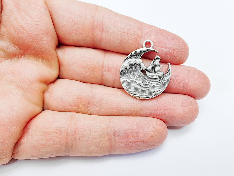 Sailing Ship Charm, Ocean Wave Pendant, Nautical Jewelry, Sea Maritime Rustic Adventure Necklace, Antique Silver Plated 29x25mm G36903