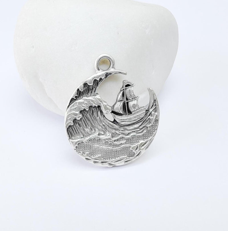 Sailing Ship Charm, Ocean Wave Pendant, Nautical Jewelry, Sea Maritime Rustic Adventure Necklace, Antique Silver Plated 29x25mm G36903