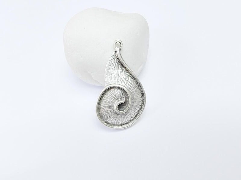 Boho Dangle Charms, Spiral Shell Pendant, Nautical Sea Charm, Beach Earring, DIY Rustic Nature Craft, Antique Silver Plated 43x24mm G36904
