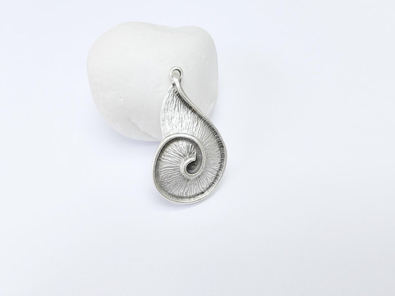 Boho Dangle Charms, Spiral Shell Pendant, Nautical Sea Charm, Beach Earring, DIY Rustic Nature Craft, Antique Silver Plated 43x24mm G36904