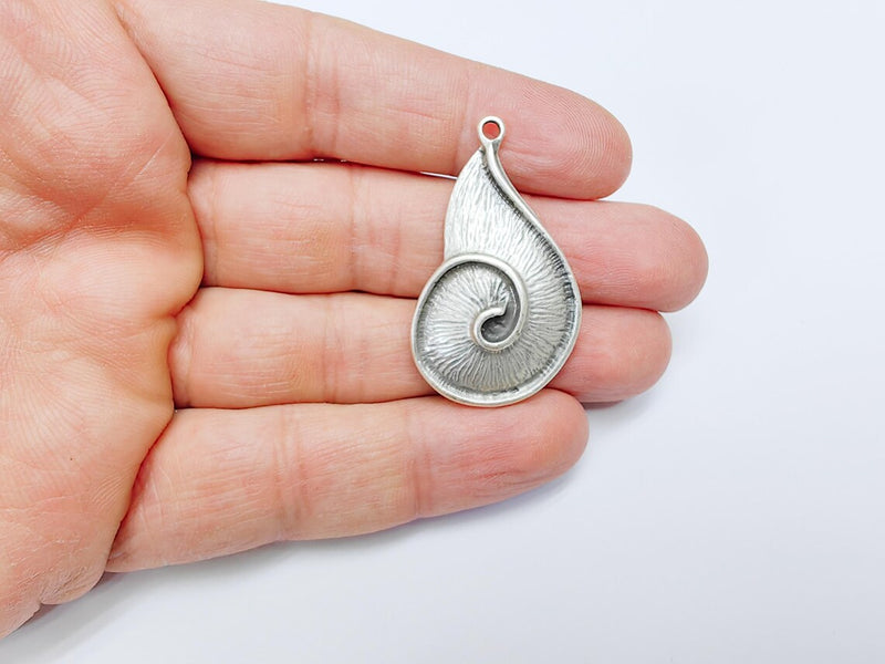 Boho Dangle Charms, Spiral Shell Pendant, Nautical Sea Charm, Beach Earring, DIY Rustic Nature Craft, Antique Silver Plated 43x24mm G36904