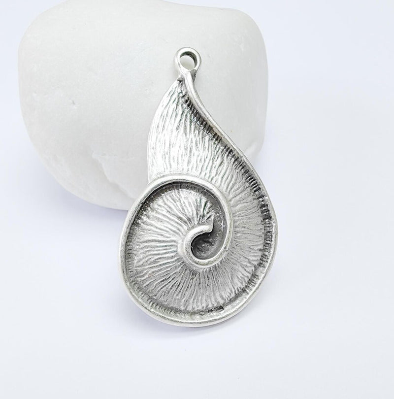 Boho Dangle Charms, Spiral Shell Pendant, Nautical Sea Charm, Beach Earring, DIY Rustic Nature Craft, Antique Silver Plated 43x24mm G36904