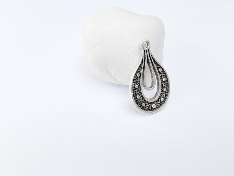 Teardrop Pendant, Filigree Boho Charm, Vintage Drop Jewelry, DIY Craft Rustic Elegant Necklace Supply, Antique Silver Plated 36x22mm G36905
