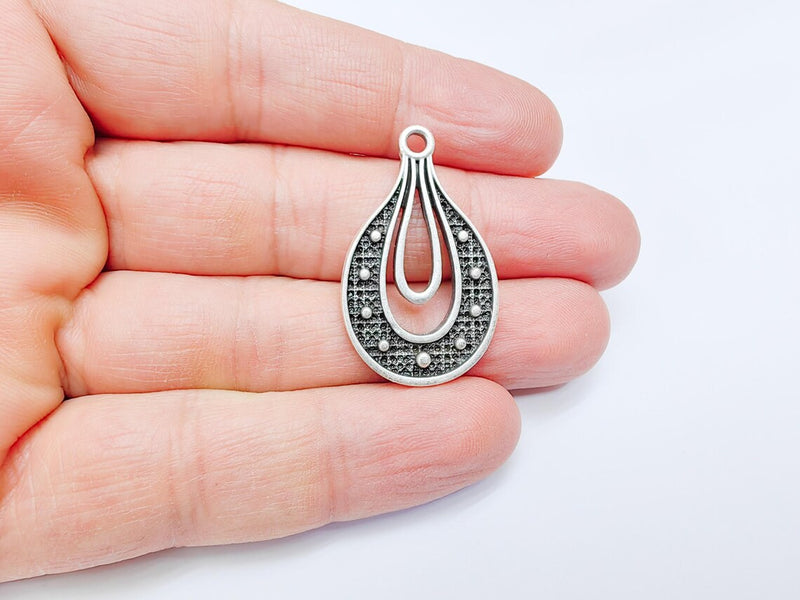 Teardrop Pendant, Filigree Boho Charm, Vintage Drop Jewelry, DIY Craft Rustic Elegant Necklace Supply, Antique Silver Plated 36x22mm G36905