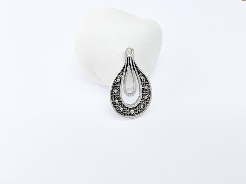 Teardrop Pendant, Filigree Boho Charm, Vintage Drop Jewelry, DIY Craft Rustic Elegant Necklace Supply, Antique Silver Plated 36x22mm G36905