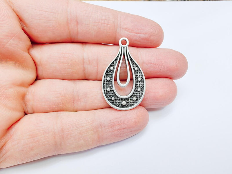 Teardrop Pendant, Filigree Boho Charm, Vintage Drop Jewelry, DIY Craft Rustic Elegant Necklace Supply, Antique Silver Plated 36x22mm G36905