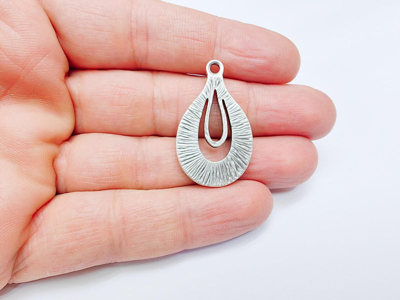 Teardrop Pendant, Filigree Boho Charm, Vintage Drop Jewelry, DIY Craft Rustic Elegant Necklace Supply, Antique Silver Plated 36x22mm G36905
