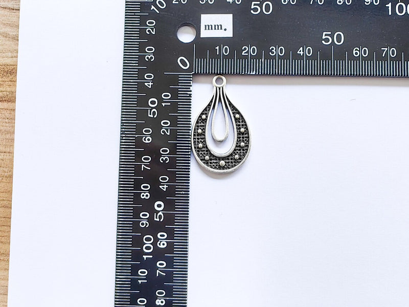 Teardrop Pendant, Filigree Boho Charm, Vintage Drop Jewelry, DIY Craft Rustic Elegant Necklace Supply, Antique Silver Plated 36x22mm G36905