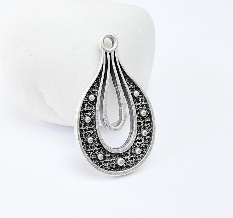 Teardrop Pendant, Filigree Boho Charm, Vintage Drop Jewelry, DIY Craft Rustic Elegant Necklace Supply, Antique Silver Plated 36x22mm G36905