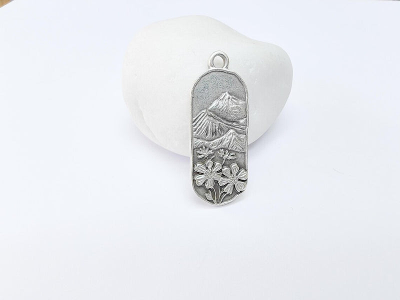Floral Mountain Charm, Nature Pendant, Hiking Necklace Supply, Outdoor Adventure, Boho Rustic Earring, Antique Silver Plated 39x15mm G36908
