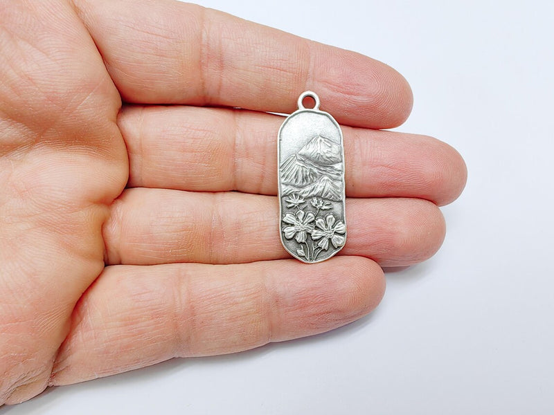 Floral Mountain Charm, Nature Pendant, Hiking Necklace Supply, Outdoor Adventure, Boho Rustic Earring, Antique Silver Plated 39x15mm G36908