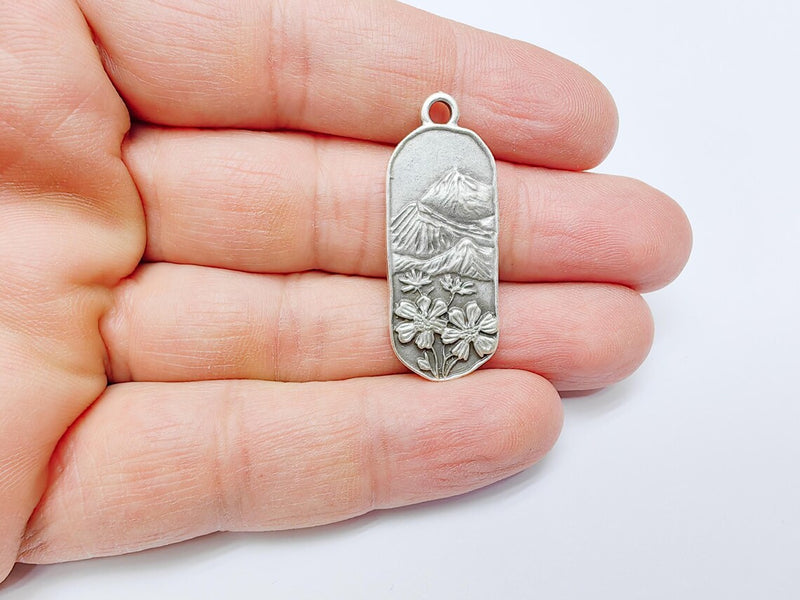 Floral Mountain Charm, Nature Pendant, Hiking Necklace Supply, Outdoor Adventure, Boho Rustic Earring, Antique Silver Plated 39x15mm G36908