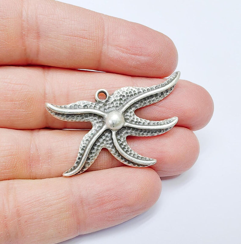 Starfish Pendant, Ocean Beach Charm, Nautical Jewelry Supply, Sea Life Necklace, Coastal Accessory, Antique Silver Plated 43x26mm G36912