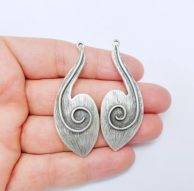 Silver Dangle Pendant, Right and Left Hammered Charms, Ethnic Earring Charms, Silver Rustic Pendant, Antique Silver Plated 61x23mm G36952