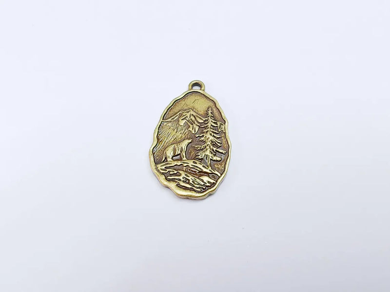 Bear Pendant, Wildlife Forest Charm, Mountain Necklace, Boho Nature Jewelry Craft, Outdoor Adventure, Antique Bronze Plated 39x23mm G36939