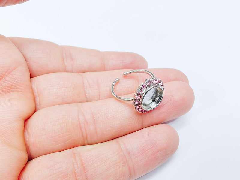 Ring Blank Pink Crystals, Ring Bezel Setting Cabochon Resin Mounting Shiny Silver Base Rhodium Plated Brass Adjustable (10mm) G36978