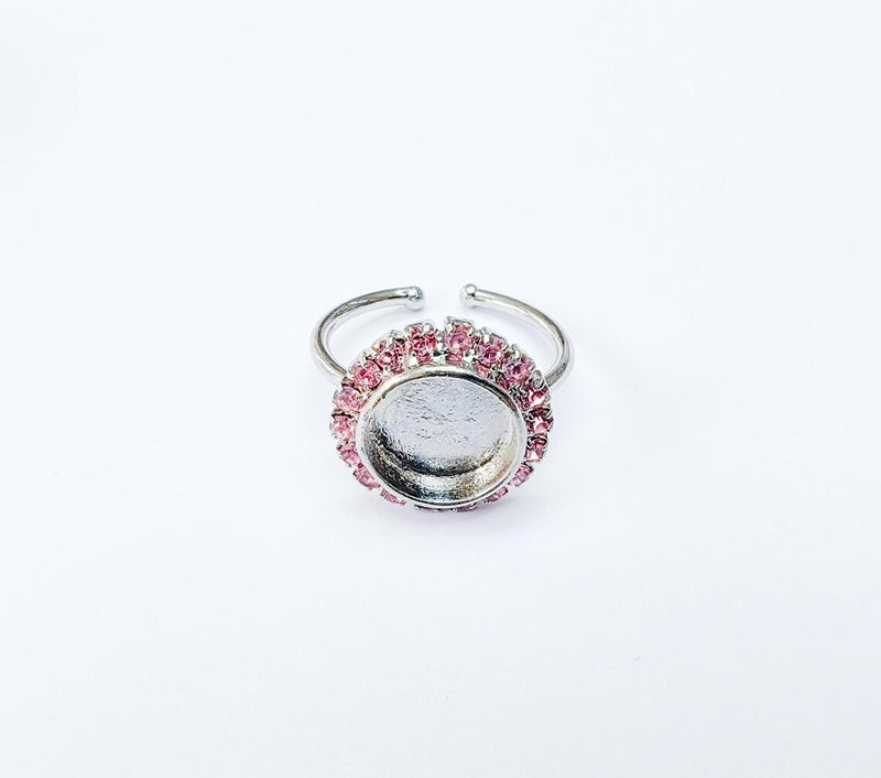 Ring Blank Pink Crystals, Ring Bezel Setting Cabochon Resin Mounting Shiny Silver Base Rhodium Plated Brass Adjustable (10mm) G36978