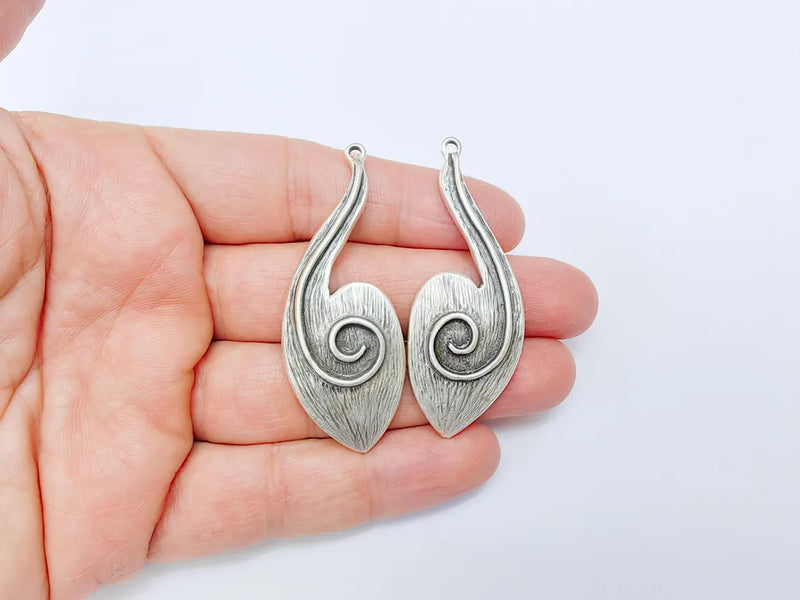 Silver Dangle Pendant, Right and Left Hammered Charms, Ethnic Earring Charms, Silver Rustic Pendant, Antique Silver Plated 61x23mm G36952