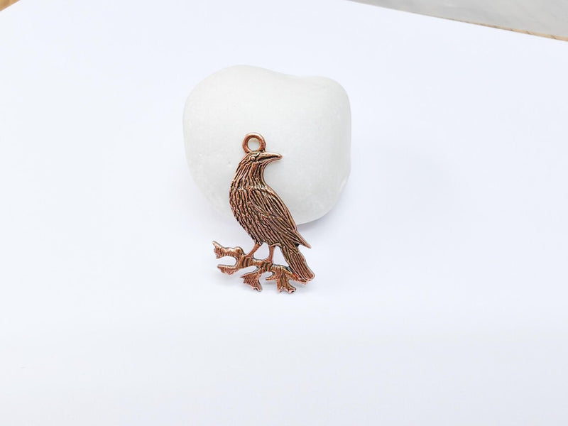 Raven Charm Pendant, Gothic Boho Charm, Nature Earring Charm, Mystical Bird, Necklace Parts, Antique Copper Plated 39x25mm G36987