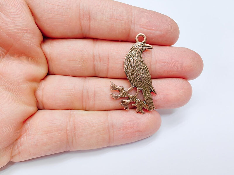 Raven Charm Pendant, Gothic Boho Charm, Nature Earring Charm, Mystical Bird, Necklace Parts, Antique Copper Plated 39x25mm G36987