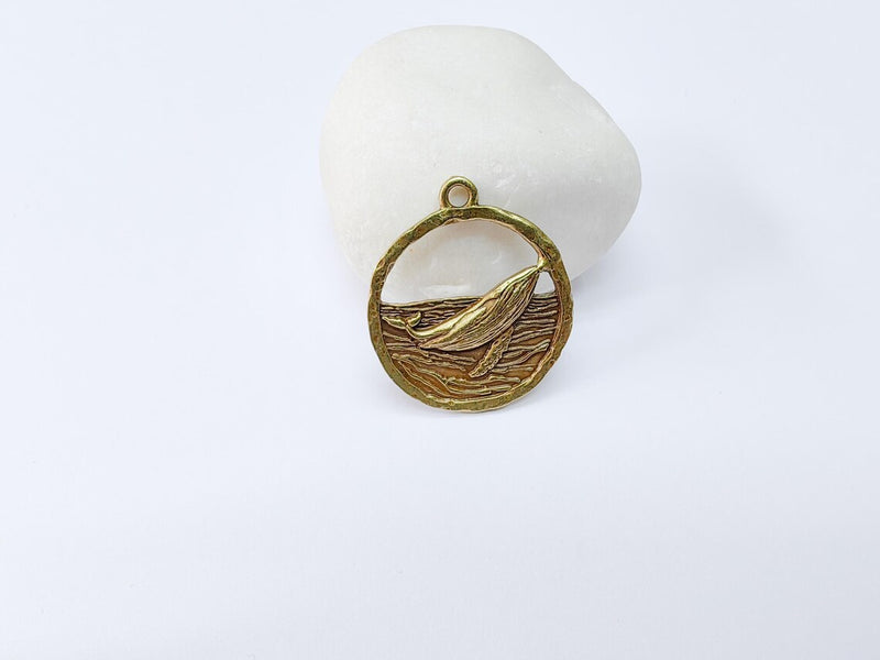 Whale Pendant, Ocean Wave Charm, Nautical Jewelry Findings, Marine Animal Jewelry Supply, Sea Pendant, Antique Bronze Plated 33x29mm G37015