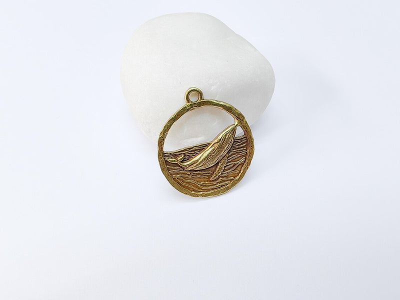 Whale Pendant, Ocean Wave Charm, Nautical Jewelry Findings, Marine Animal Jewelry Supply, Sea Pendant, Antique Bronze Plated 33x29mm G37015