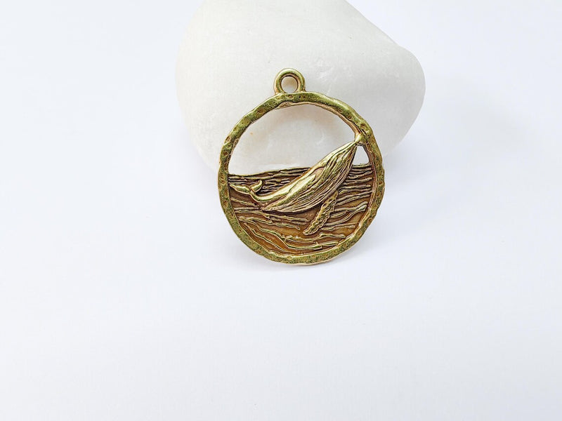 Whale Pendant, Ocean Wave Charm, Nautical Jewelry Findings, Marine Animal Jewelry Supply, Sea Pendant, Antique Bronze Plated 33x29mm G37015