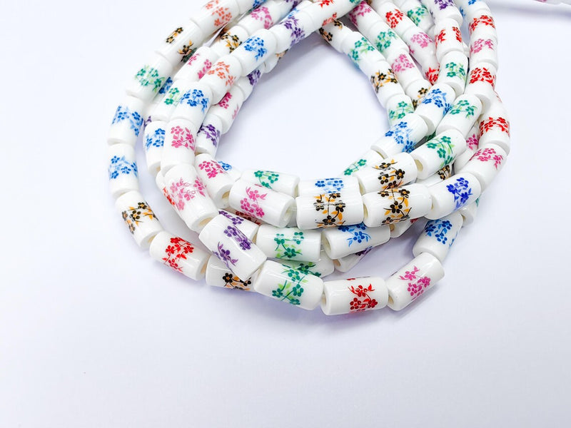 30 Floral Cylinder Porcelain Ceramic Bead Strand, 30 Pcs Full Strand, White Beads with Colorful Flower Print, 11x6mm Glossy Bead G37026