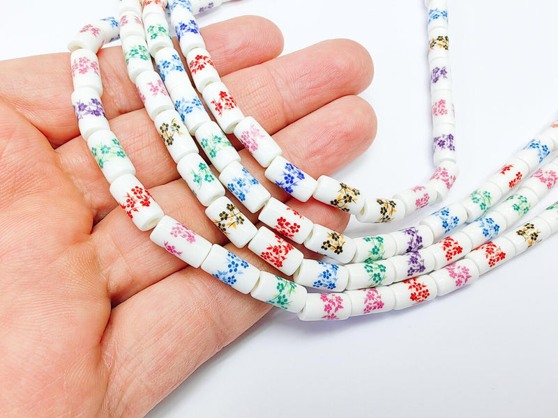 30 Floral Cylinder Porcelain Ceramic Bead Strand, 30 Pcs Full Strand, White Beads with Colorful Flower Print, 11x6mm Glossy Bead G37026